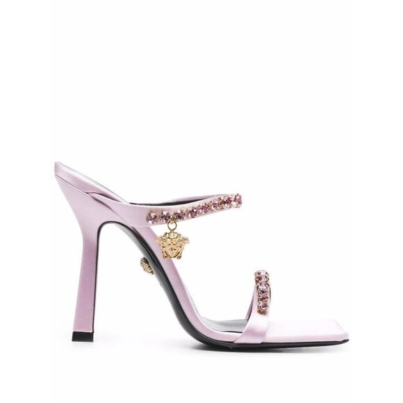 Versace NIB Medusa Pink Satin Crystal Rhinestone Square Toe Mules Heels Sandals - Picture 2 of 8